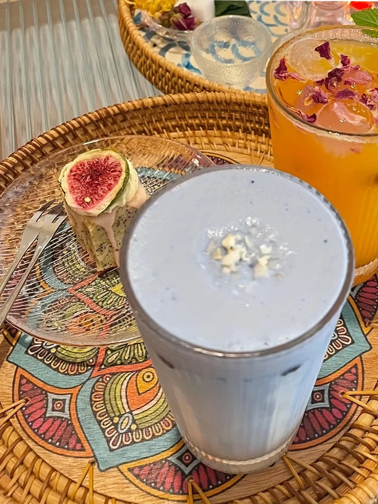 Handwoven Rattan Serving Tray with Mandala Base - Boho Round Basket with Handles