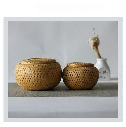 Handvävd Bambu Teburk - Dubbellagrad Förvaringsask för Te & Kryddor - Japandi Inredning