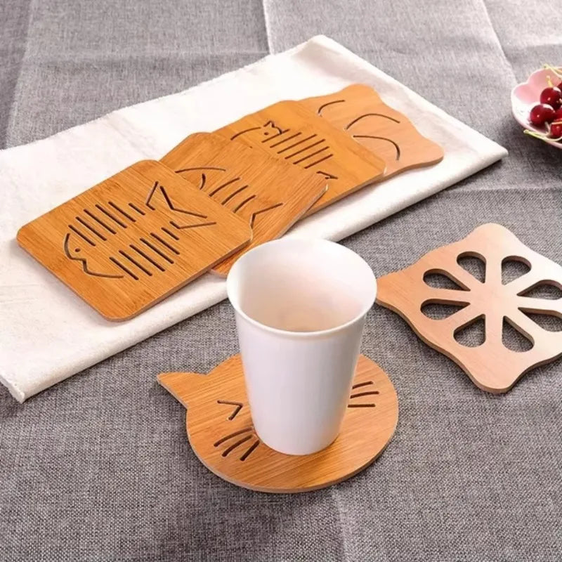 Nordic Plock Bamboo Cute Animal Trivet - Heat Resistant Wood Pot Holder - Cat & Fish Pattern - Eco Friendly Table Protection