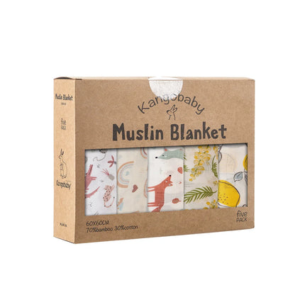 Bamboo Muslin Squares (5-Pack) - 60x60cm Soft Baby Washcloths & Burp Cloths - Gift Box Set by Kangobaby
