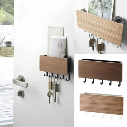 Wall Hanging Bamboo Key Organizer – Rectangle Key Rack Holder with Coat Hooks, Home Decor Storage