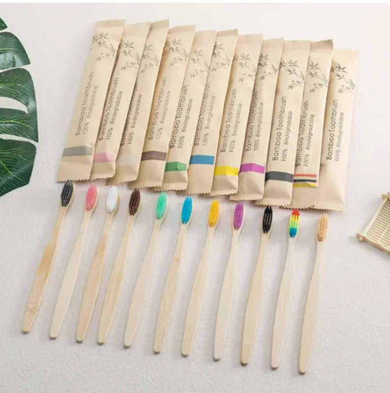 Single Cowhide Wrapped Bamboo Toothbrush Set, Natural and Environmentally Friendly; One Box of 10 Pieces