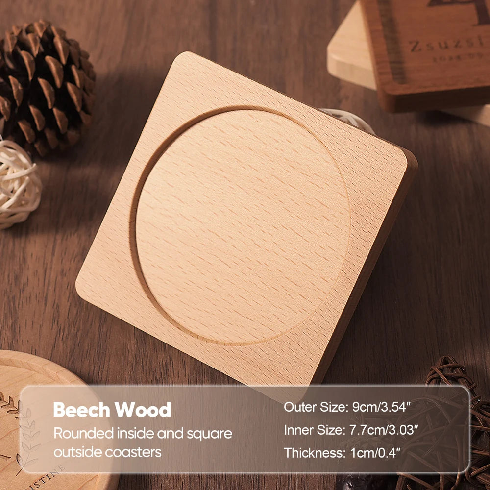Premium Solid Walnut & Beech Wood Coaster – Round or Square Drink Cup Mat, Heat-Resistant Coffee & Tea Cup Pad, 8.8cm Durable Drink Placemats