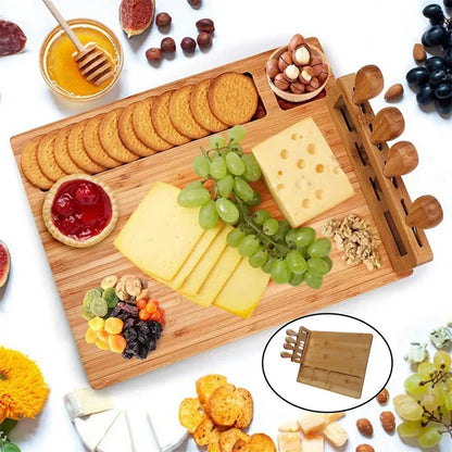 Bamboo Cheese Board Set & Knife Stand - 4 Stainless Steel Serving Tools - Large Charcuterie Platter with Cracker Groove - Eco-Friendly Hosting Essential