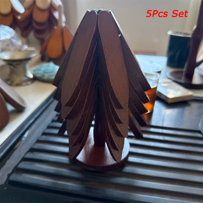 3/4/5PCS Tree Design Stand Nordic Walnut Tree Trivet Set | Foldable Wooden Coasters & Heat Resistant Pot Holder Stand