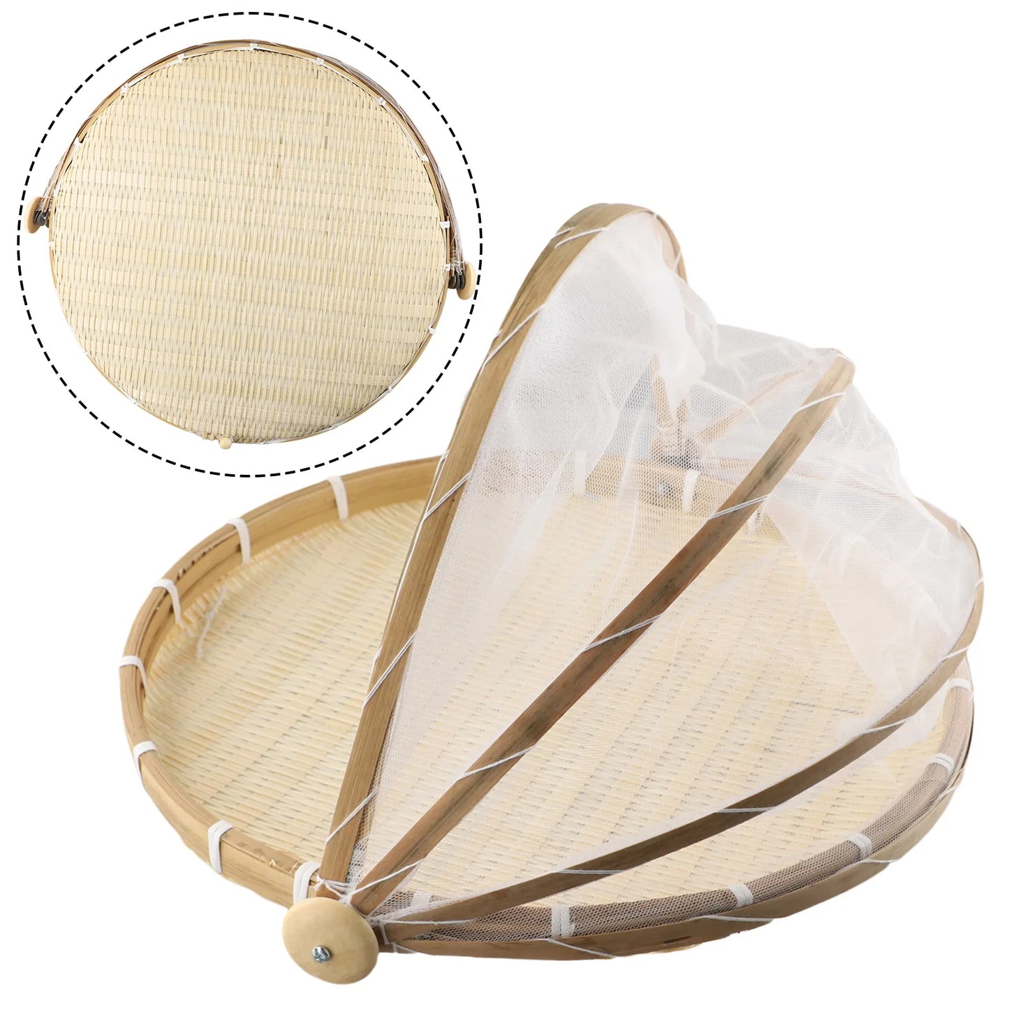 Hand-Woven Bamboo Food Serving Tent Basket with Retractable Mesh Cover (30cm) - Anti-Fly Fruit & Bread Storage