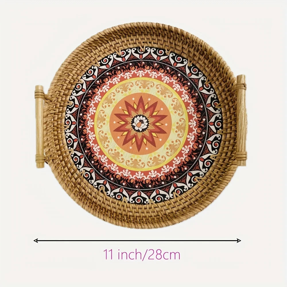 Handwoven Rattan Serving Tray with Mandala Base - Boho Round Basket with Handles