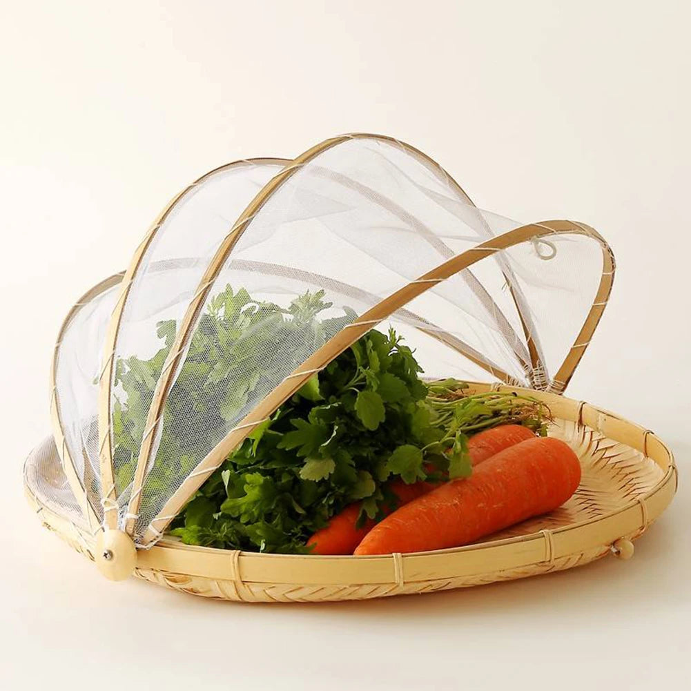 Hand-Woven Bamboo Food Serving Tent Basket with Retractable Mesh Cover (30cm) - Anti-Fly Fruit & Bread Storage