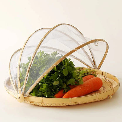 Hand-Woven Bamboo Food Serving Tent Basket with Retractable Mesh Cover (30cm) - Anti-Fly Fruit & Bread Storage