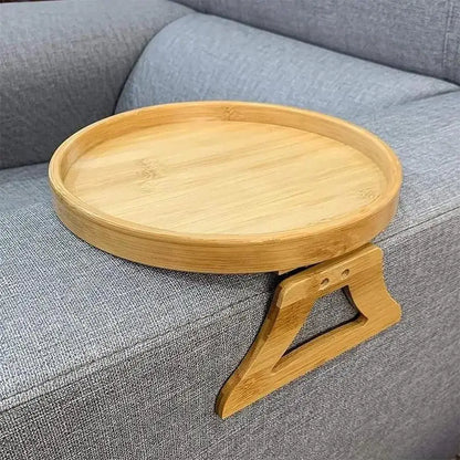 Round Bamboo Sofa Arm Tray Table - Clip-On Couch Armrest Organizer with Spill-Proof Lip - Natural Wood Snack & Drink Holder for Wide/Round Arms