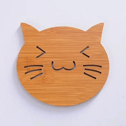 Nordic Plock Bamboo Cute Animal Trivet - Heat Resistant Wood Pot Holder - Cat & Fish Pattern - Eco Friendly Table Protection