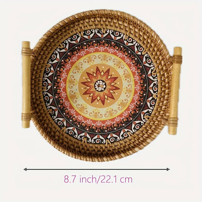 Handwoven Rattan Serving Tray with Mandala Base - Boho Round Basket with Handles