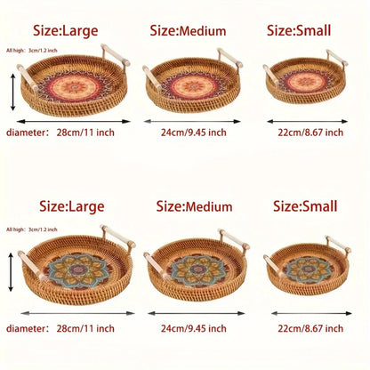 Handwoven Rattan Serving Tray with Mandala Base - Boho Round Basket with Handles