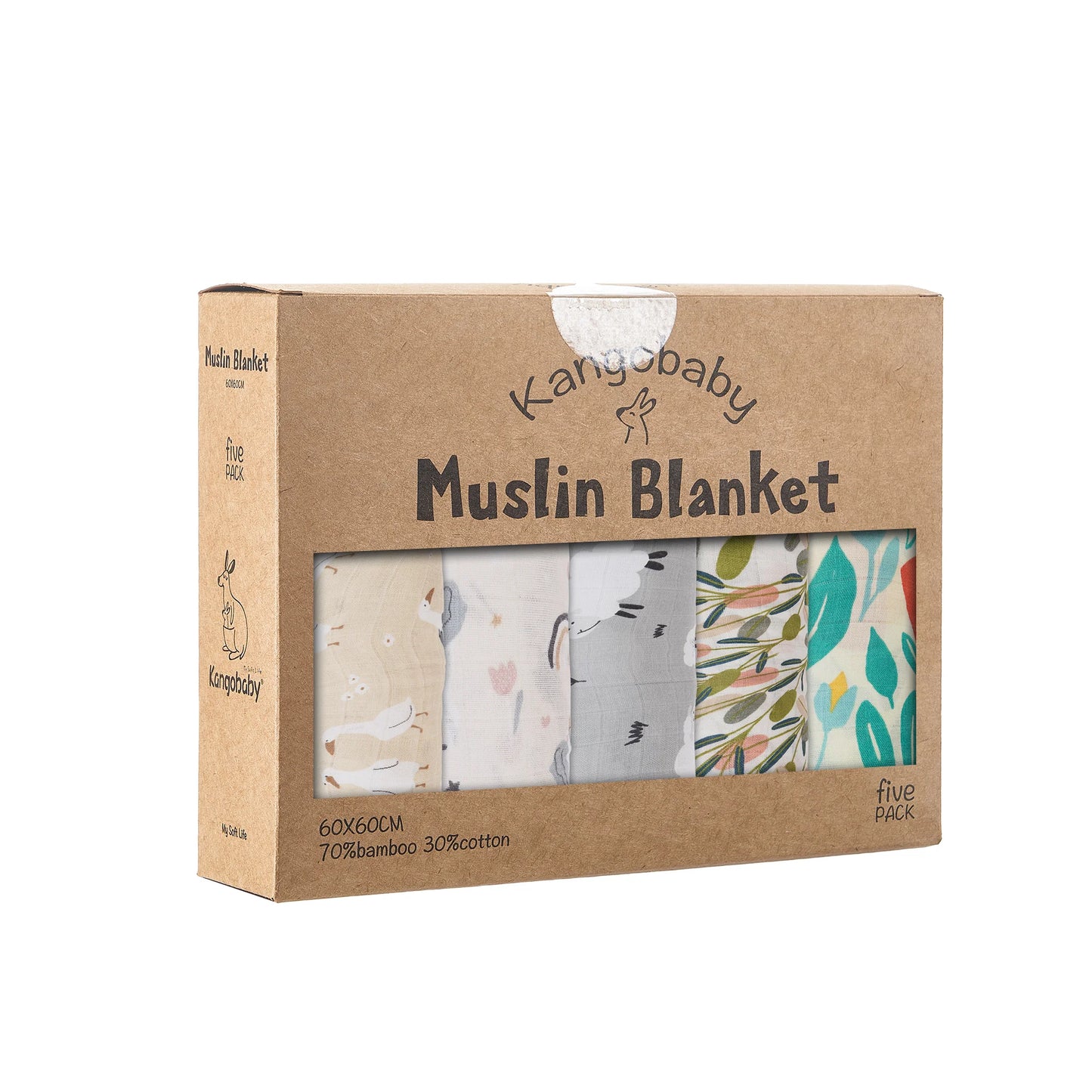 Bamboo Muslin Squares (5-Pack) - 60x60cm Soft Baby Washcloths & Burp Cloths - Gift Box Set by Kangobaby
