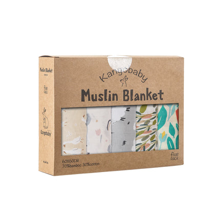 Bamboo Muslin Squares (5-Pack) - 60x60cm Soft Baby Washcloths & Burp Cloths - Gift Box Set by Kangobaby