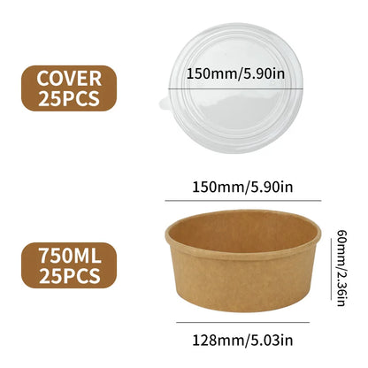 25pcs Disposable Lunch Box Kraft Paper for Bowl Soup, Salad, Noodle Bowl