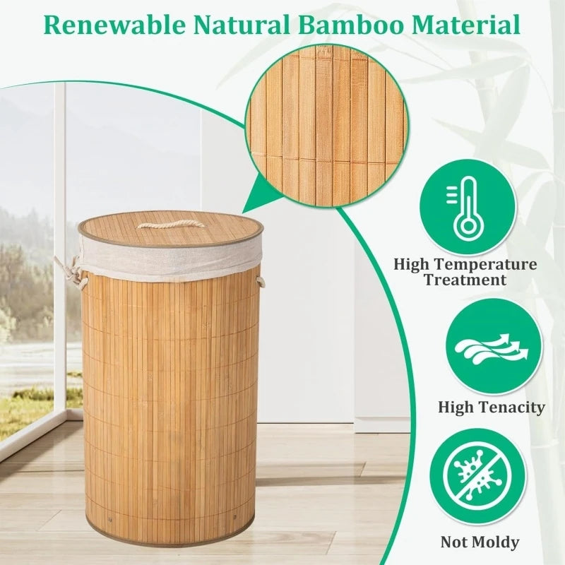 Eco-Luxe Natural Bamboo Laundry Hamper 58L, Round 35x50cm - Foldable with Lid & Removable Liner