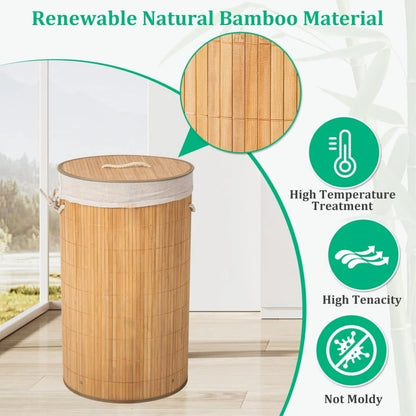 Eco-Luxe Natural Bamboo Laundry Hamper 58L, Round 35x50cm - Foldable with Lid & Removable Liner