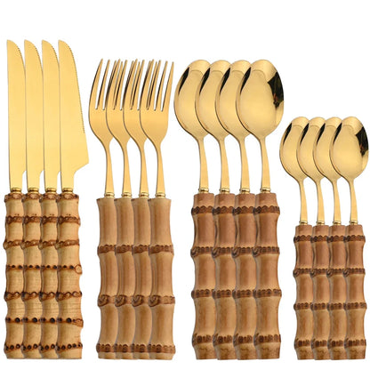 16Pcs Nature Bamboo Handle Cutlery Stainless Steel Dinnerware Sets Knife Fork Spoon Purely Natural Bamboo Tableware Set
