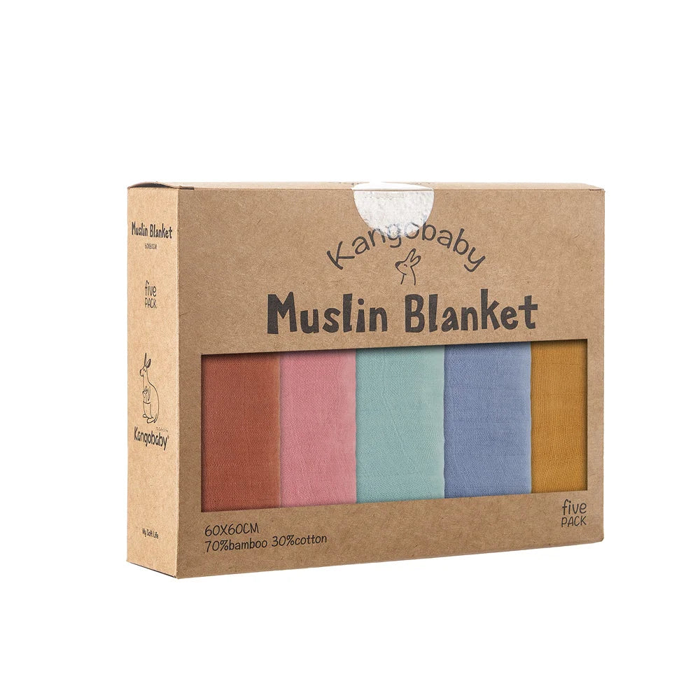 Bamboo Muslin Squares (5-Pack) - 60x60cm Soft Baby Washcloths & Burp Cloths - Gift Box Set by Kangobaby