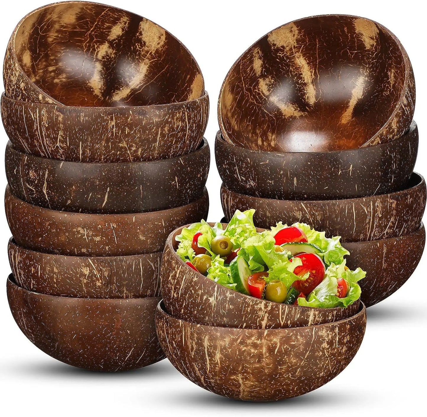 Natural Coconut Shell Bowls – Wooden Salad & Serving Bowls with Utensils | Eco-Friendly, Reusable for Breakfast, Parties & Dining