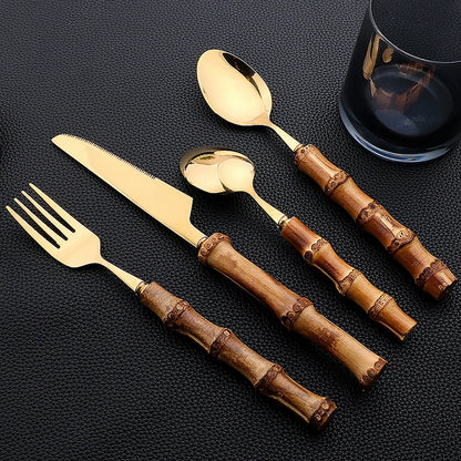 16Pcs Nature Bamboo Handle Cutlery Stainless Steel Dinnerware Sets Knife Fork Spoon Purely Natural Bamboo Tableware Set