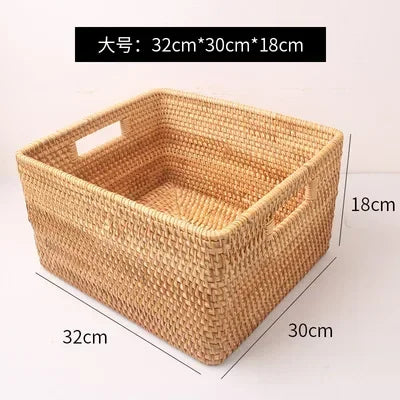 Nordic Handwoven Rattan Storage Basket - Rectangular Wicker Organizer Box for Shelves & Laundry