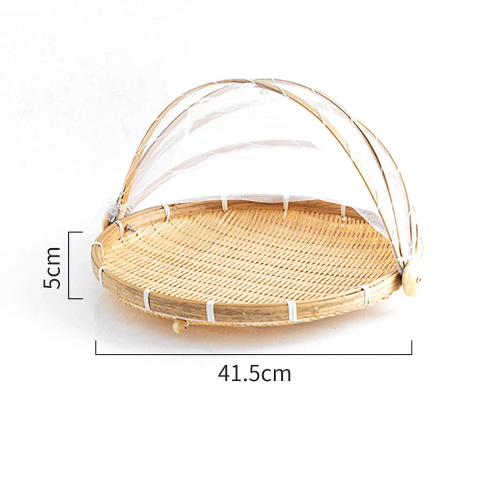 Hand-Woven Bamboo Food Serving Tent Basket with Retractable Mesh Cover (30cm) - Anti-Fly Fruit & Bread Storage