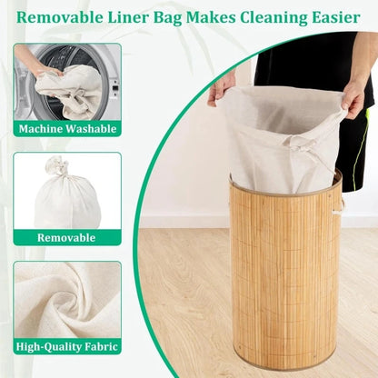 Eco-Luxe Natural Bamboo Laundry Hamper 58L, Round 35x50cm - Foldable with Lid & Removable Liner