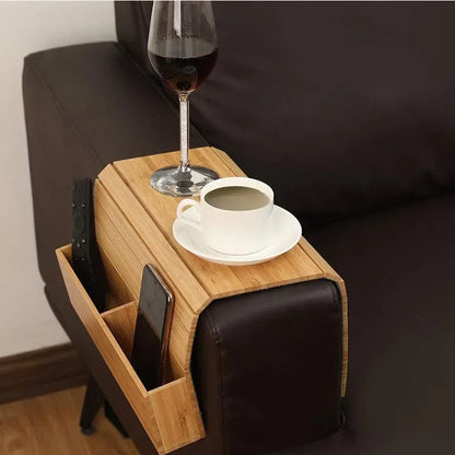 Bamboo Sofa Armrest Tray Organizer - Flexible Couch Table with Phone Holder & Side Pocket
