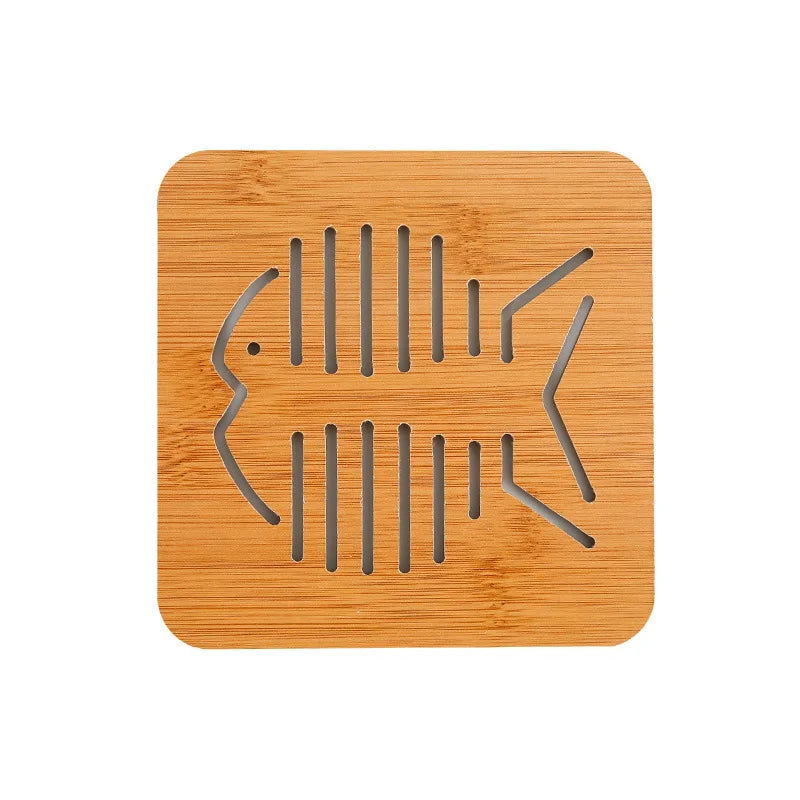 Nordic Plock Bamboo Cute Animal Trivet - Heat Resistant Wood Pot Holder - Cat & Fish Pattern - Eco Friendly Table Protection