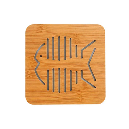 Nordic Plock Bamboo Cute Animal Trivet - Heat Resistant Wood Pot Holder - Cat & Fish Pattern - Eco Friendly Table Protection