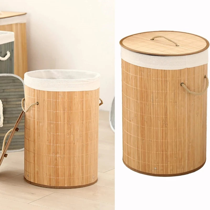Eco-Luxe Natural Bamboo Laundry Hamper 58L, Round 35x50cm - Foldable with Lid & Removable Liner