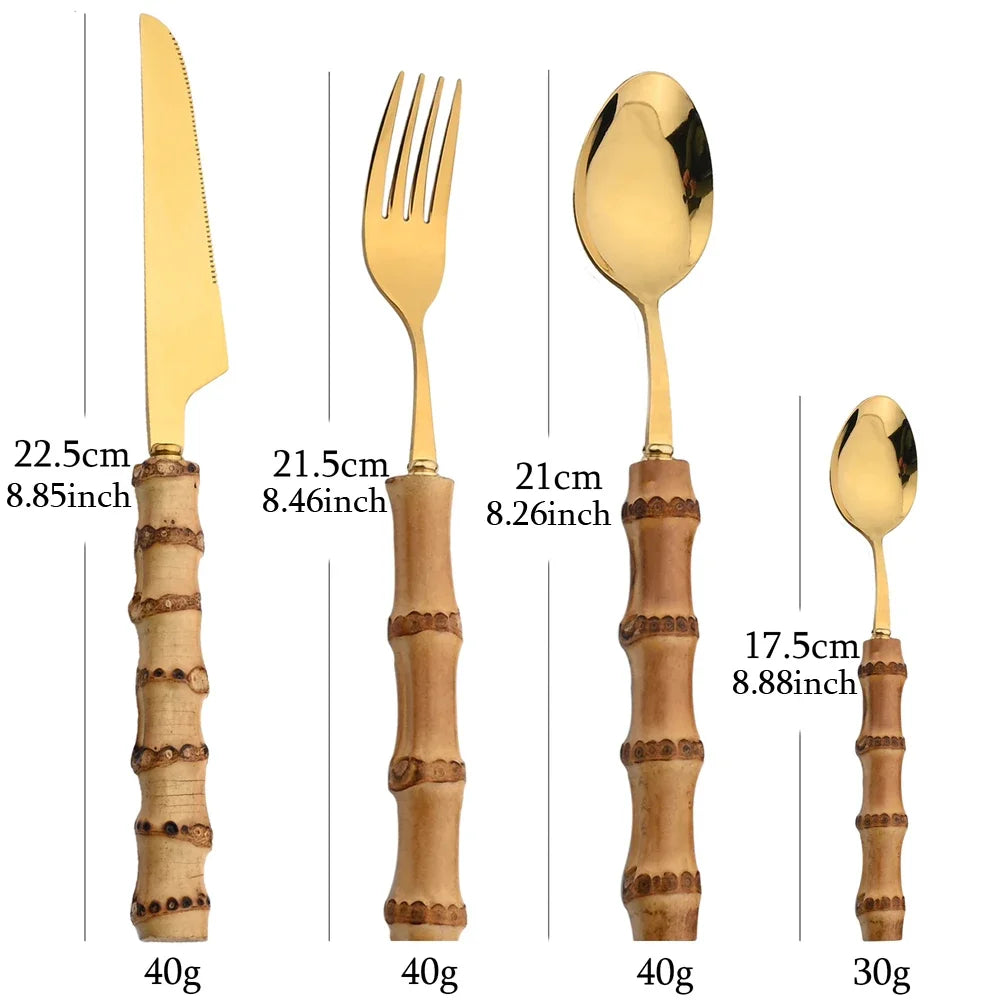 16Pcs Nature Bamboo Handle Cutlery Stainless Steel Dinnerware Sets Knife Fork Spoon Purely Natural Bamboo Tableware Set