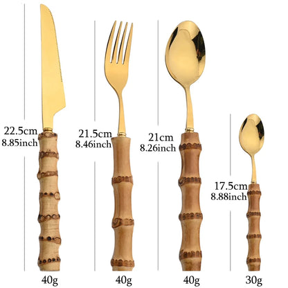 16Pcs Nature Bamboo Handle Cutlery Stainless Steel Dinnerware Sets Knife Fork Spoon Purely Natural Bamboo Tableware Set