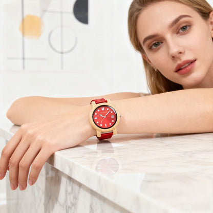 Women's Bamboo Wooden Watch - Red/Blue Dial & Leather Strap - Lightweight Quartz Date Display with Gift Box