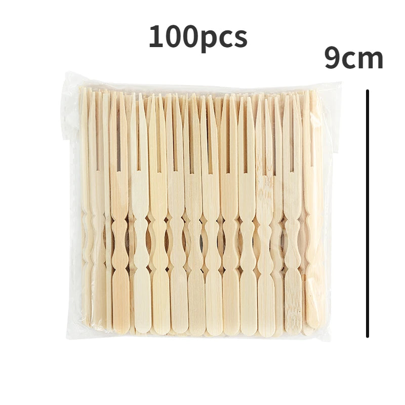 100x Eco-Friendly Bamboo Fruit Forks - Two-Prong Mini Appetizer Picks - Sustainable Cocktail & Party Utensils
