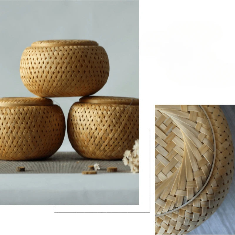 Handvävd Bambu Teburk - Dubbellagrad Förvaringsask för Te & Kryddor - Japandi Inredning