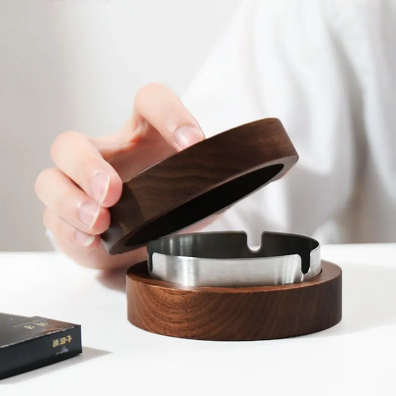 Windproof Walnut Wood Ashtray with Lid – Stainless Steel Liner, Covered Cigarette & Cigar Ash Tray for Indoor & Outdoor Home Use