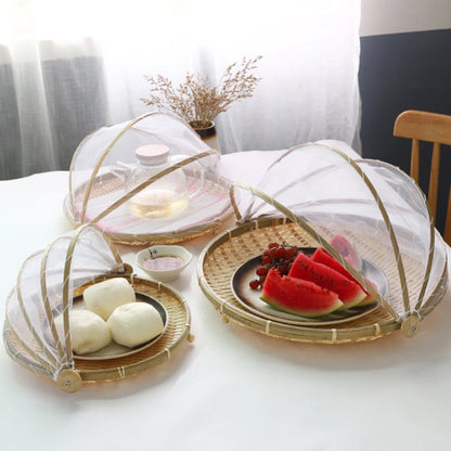 Hand-Woven Bamboo Food Serving Tent Basket with Retractable Mesh Cover (30cm) - Anti-Fly Fruit & Bread Storage