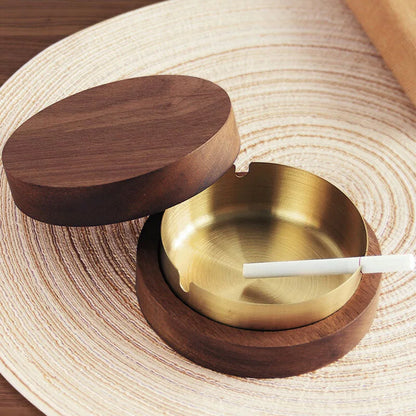 Windproof Walnut Wood Ashtray with Lid – Stainless Steel Liner, Covered Cigarette & Cigar Ash Tray for Indoor & Outdoor Home Use