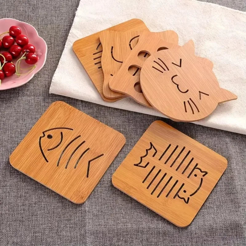 Nordic Plock Bamboo Cute Animal Trivet - Heat Resistant Wood Pot Holder - Cat & Fish Pattern - Eco Friendly Table Protection