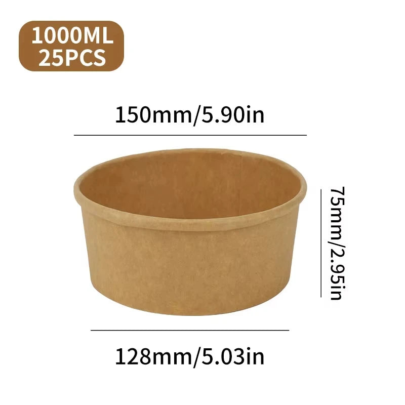 25pcs Disposable Lunch Box Kraft Paper for Bowl Soup, Salad, Noodle Bowl