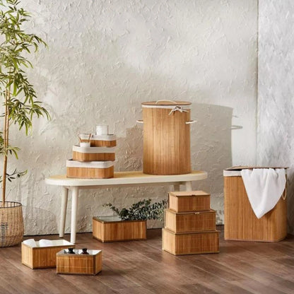 Eco-Luxe Natural Bamboo Laundry Hamper 58L, Round 35x50cm - Foldable with Lid & Removable Liner