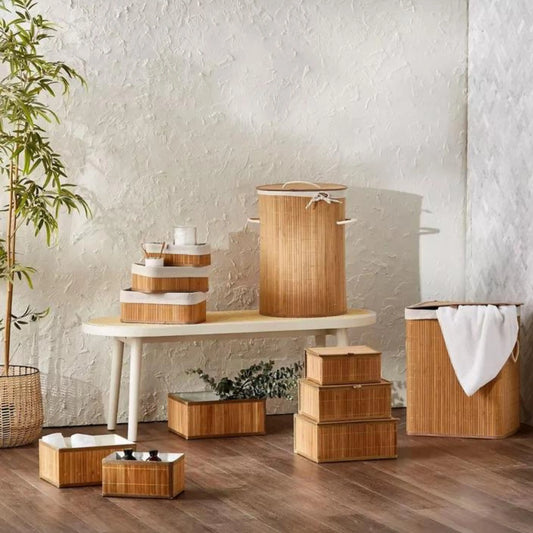 Eco-Luxe Natural Bamboo Laundry Hamper 58L, Round 35x50cm - Foldable with Lid & Removable Liner