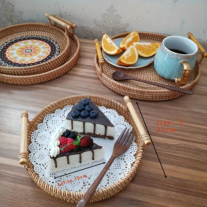 Handwoven Rattan Serving Tray with Mandala Base - Boho Round Basket with Handles