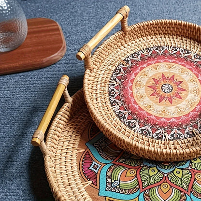 Handwoven Rattan Serving Tray with Mandala Base - Boho Round Basket with Handles