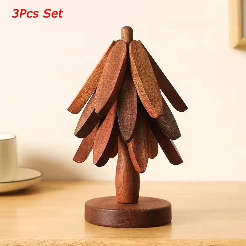 3/4/5PCS Tree Design Stand Nordic Walnut Tree Trivet Set | Foldable Wooden Coasters & Heat Resistant Pot Holder Stand
