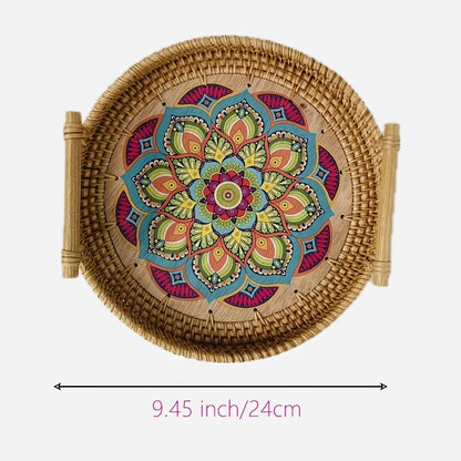 Handwoven Rattan Serving Tray with Mandala Base - Boho Round Basket with Handles