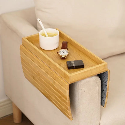 Bamboo Sofa Armrest Tray Organizer - Flexible Couch Table with Phone Holder & Side Pocket